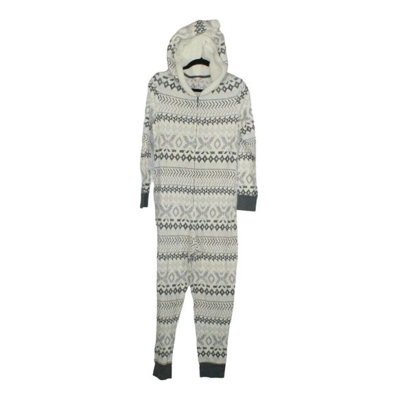 Victoria's Secret Pants - VICTORIA'S SECRET White Snowflakes Fleece Hooded Cozy Jumpsuit Size L